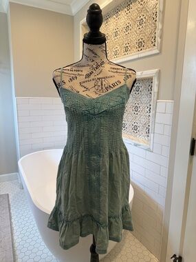 Twelfth Street by Cynthia Vincent Sage Green Smocked Mini Dress with Ruffle Hem